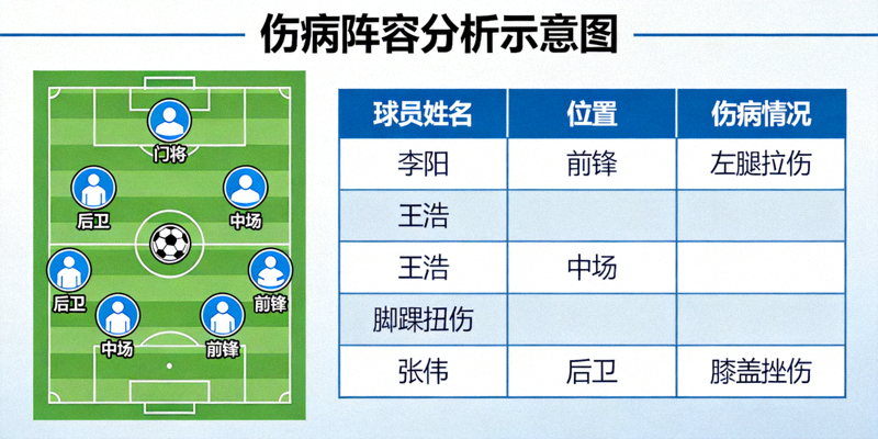 伤病阵容分析示意图 - 显示球员伤病列表与阵容图